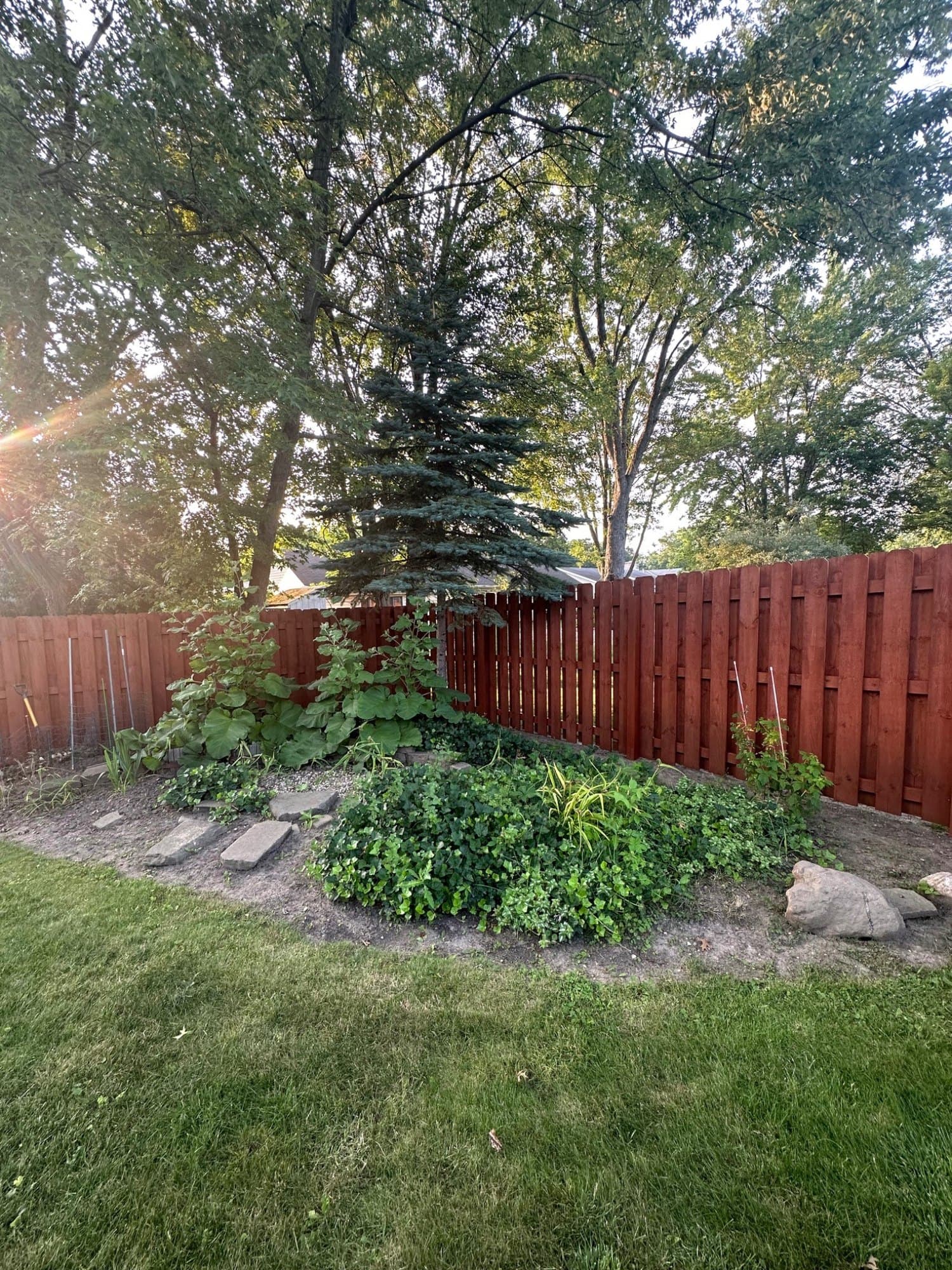 Shadowbox wood fence stained reddish-brown behind a garden bed